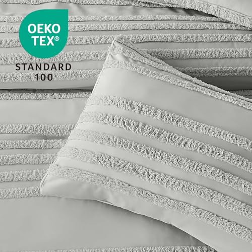 Image of BEDELITE Boho King Size Comforter Set - Light Grey Tufted Striped Bed Set 3 Pieces, Soft Vintage Farmhouse Comforter for All Seasons, Boho Home Decor,Fluffy Jacquard Bedding with Pillow Sham