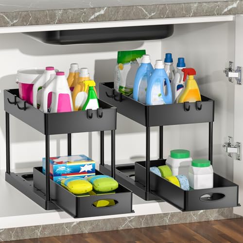 umvo Under Sink Storage 2 Pack 2 Tier Pull-Out Under Sink Organiser with 4 Hooks Multi-Purpose Sliding Under Cupboard Organiser for Kitchen Bathroom Black