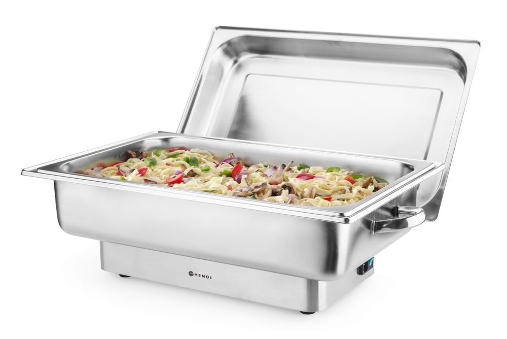 HENDI Chafing Dish, Pollina, elektrisch, mit GN1/1 Behälter, Deckelständer, Temperaturbereich: bis 85°C, Warmhaltebehälter, Buffetwärmer, 9L, 230V/900W, 587x440x(H) 273mm, Edelstahl