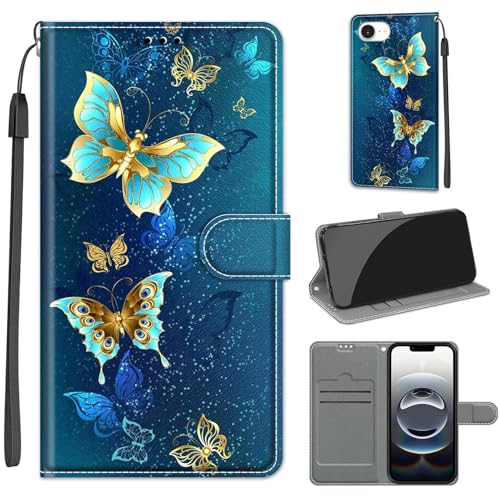 Étui iPhone 16e en cuir vert papillon avec porte-cartes et fermeture aimantée
