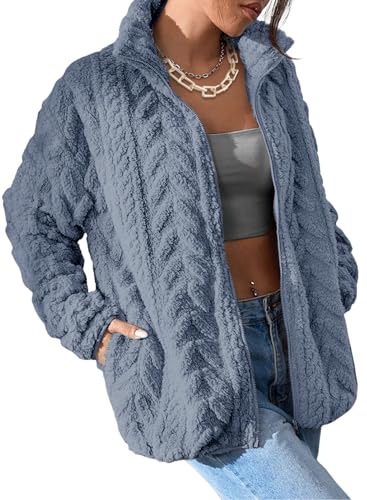 Dokotoo Ladies Winter Jackets Zip Up Oversized 2026 Christmas Sherpa Long Sleeves Fuzzy Fashion Side Pockets Loose Fit Coats Baggy Warm Fall Shacket,Dusk Blue Large