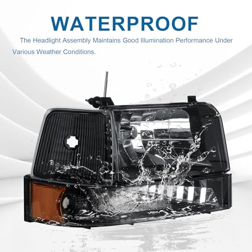 Image of Headlights for 92-96 Ford F150 F250 F350 Bronco 1992 1993 1994 1995 1996 Replacements Assembly Black Housing Amber Reflector