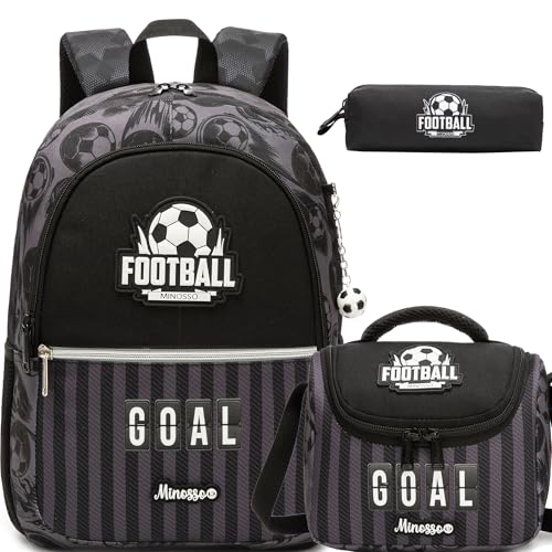 ZBAOGTW Mochila infantil para meninos de 6 a 12 anos, mochila escolar leve com alças acolchoadas para estudantes do ensino fundamental, Futebol preto