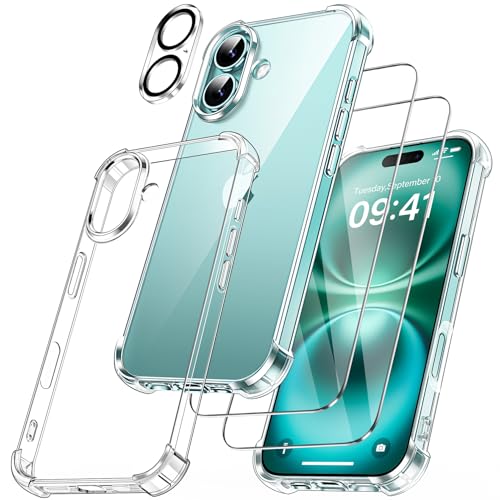 FLLAO 4 en 1 Funda para iPhone 16 Plus con 2 Protector Pantalla y 1 Protector Lente Cámara, [Almohadilla de Aire integrada] Antigolpes Antiarañazos Carcasa 6,7 Pulgadas, Transparente