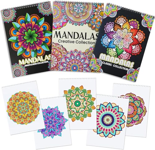 Atoke Confezione da 3 libri da colorare per adulti, 60 mandala unici per rilassarsi e alleviare lo stress, libro da colorare rilegato a spirale, regali rilassanti e consapevoli per adulti, donne e