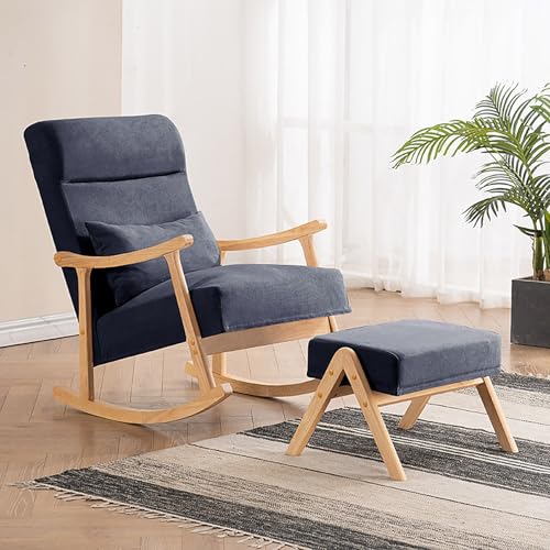 Oversized Rocking Chair with Cushion, Modern Accent Rocking Chair with Solid Wood Legs, Rocker Recliner Chair with Ottoman, Nursery Recliner with Cotton Linen for Bedroom, Living Room, Porch, Garden(D