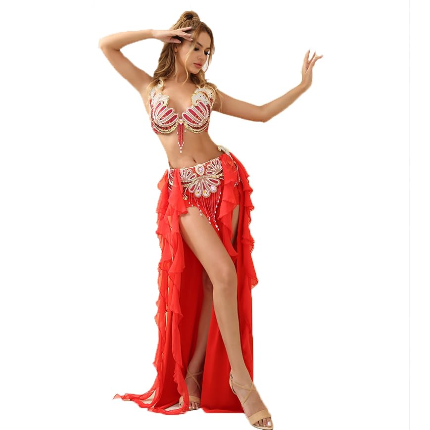 JRUIA Conjunto De 3 Vestidos De Danza del Vientre para Mujer Falda De Danza del Vientre para Halloween Traje De Baile para Festivales Rave para Adultos con Sujetador Y Cinturón,Rojo,S