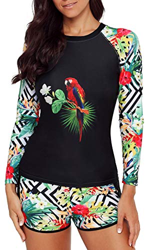 Runtlly Womens Long Sleeve Rash Guard Swimsuit Sun Protection Sport Wetsuit Two Piece Swimsuit Set S-XXXL LS910501 M Black