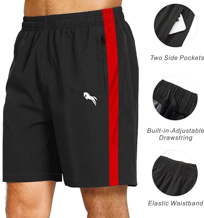 Image of JUST RIDER Men's Athletic Shorts with Side Stripe, Quick Dry, Black and Red, with Pockets