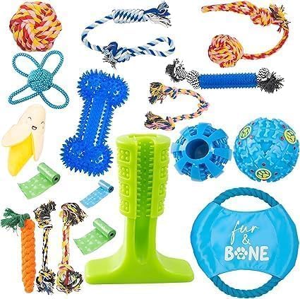 Fur & Bone Dog Chew Toys (18-Pack) - Puppy Toys for Boredom - Indestructible Rope & Squeaky Teething Toys for Small & Medium Dogs