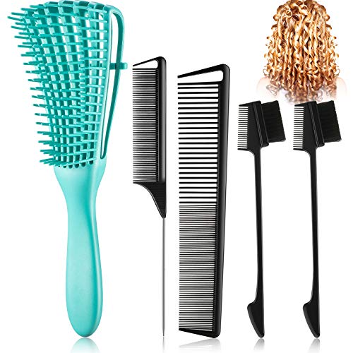 5 Pieces Detangling Brush Set, Includes Detangler Brush, Edge Brush, Rat Tail Comb with Stainless Steel, Wide and Fine Teeth Comb for Braids Hair Salon Home Supplies Afro American Hair Types
