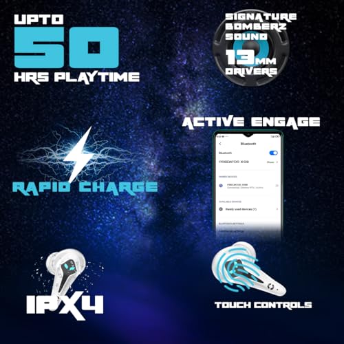 Image of HOPPUP Predator Xo3 Gaming Earbuds with 35MS Low Latency, 13MM Drivers & 50H Playtime Bluetooth (White, True Wireless)