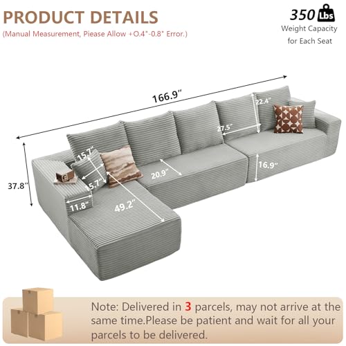 Image of Oversized Modular Sectional Sofa Couch, Large 5 Seater Corner Sofa Modern L Shaped Sectional Couch Cloud Couches for Living Room, Office, Spacious Space, Corduroy, No Assembly Required, Light Grey