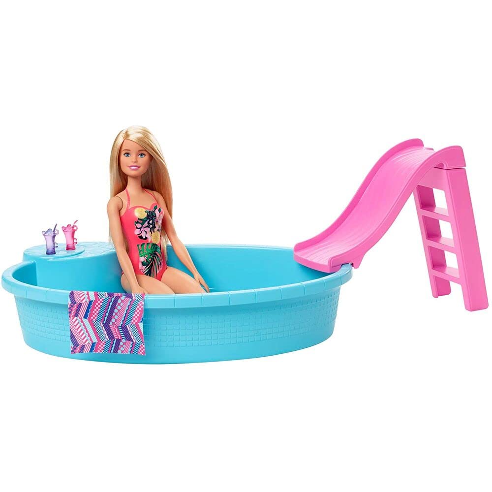 Barbie Mobilier Coffret poupée blonde en maillot de bain et sa piscine, avec toboggan, serviette et verres de cocktail, jouet pour enfant, GHL91