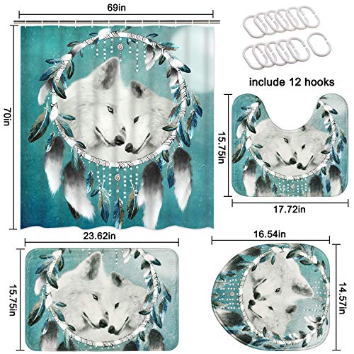 Ikfashoni 4 Stück Wolf Duschvorhang-Sets mit rutschfestem Teppich, WC-Deckelbezug und Badematte, Wolf Traumfänger… – Bild 7