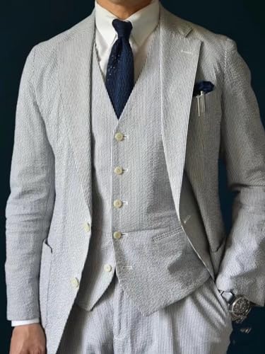 Seersucker Suits for Men 3 Piece Set Slim Fit Casual Beach Wedding Summer Groomsmen Seersucker Blazer Vest Pants4