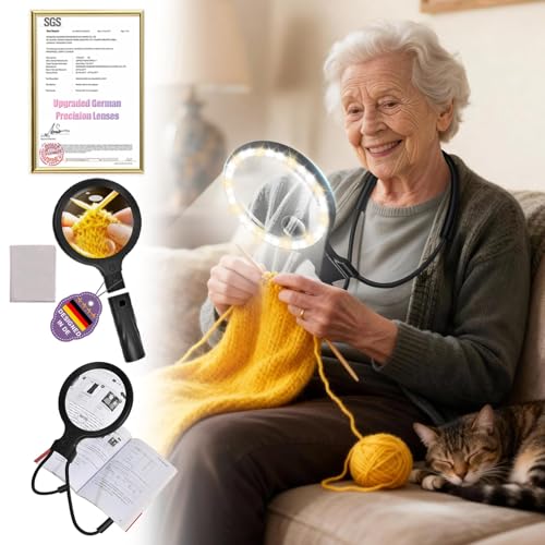 5.0 Upgraded Magnifying Glass Hand Free【12X German Ultra-HD Lens】【Cloud Sponge Neck Protection】 3 Smart Mode Light, All-Purpose Magnifying for Reading, Cross Stitch, Craft Seniors Use (Black)
