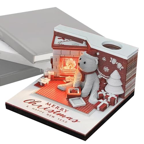 Calendrier de bureau 2025 sculpté en papier avec bloc-notes et lumières LED motif ours de Noël