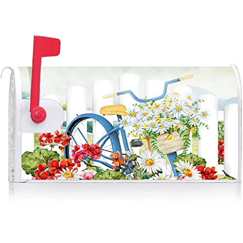 Image of Texupday Floral Blooms Bicycle Fence Decoration Mailbox Cover with Magnetic Strip Spring Daisy Flower Mailbox Wraps Post Letter Box Cover Standard Size 21 inch X 18 inch for Garden Outdoor Yard Decor