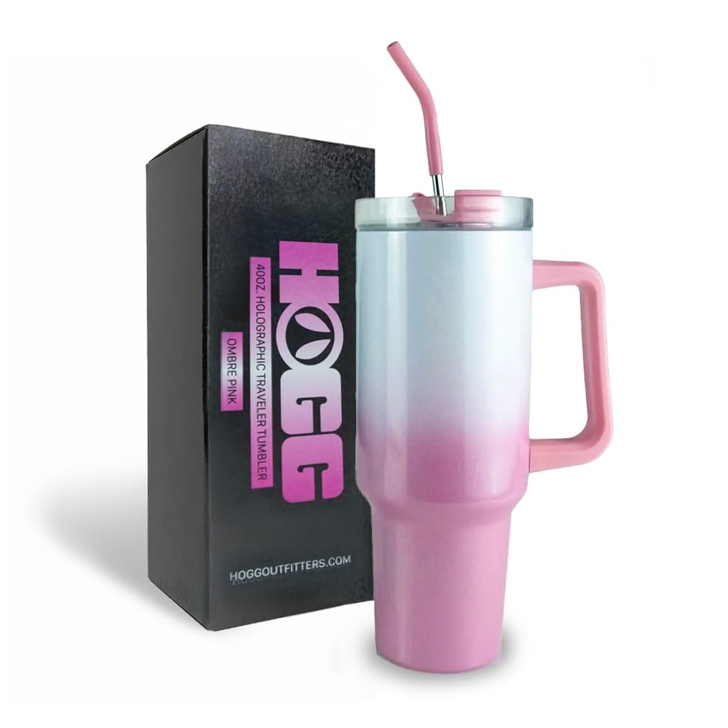 Hogg 40oz Sublimation Tumbler Holographic Traveler - Ombre Pink Shimmer, Blank Sublimation Tumblers with Handle, Bulk Tumblers with Lids, Straws, Removable Handle, 40 oz Sublimation Tumbler
