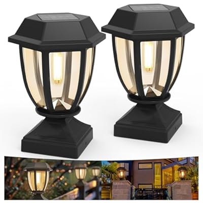 Icerona Solar Post Cap Lights, 2 Pack Outdoor Solar Post Light for 4x4 Wooden Posts, Waterproof Solar Lamp with Glass Shade for Deck Fence Patio Post Decor, Black