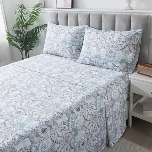 Image of FADFAY Blue Paisley Sheets Set Full Classic Boho Paisley Bedding Luxurious Bohemian Damask Paisley Bed Sheet Breathable 100% Egyptian Cotton 800 Thread Count Deep Pocket Fitted Sheet 4Pcs, Full Size