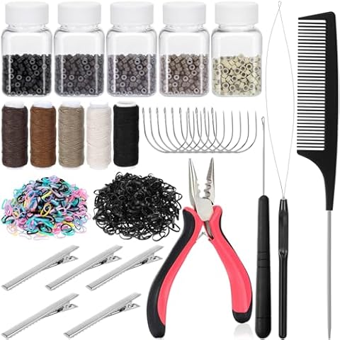 Hair Extension Tools Kit, 2500 Silicone Lined Micro Rings, 1 Plier, 1 Comb, 1 Threader, 1 Crochet Hook, 10 Curved Hair Needle, 5 Metal Hair Clips, 5 Rolls Sewing Threads, 1000 Mini Rubber Bands Cover