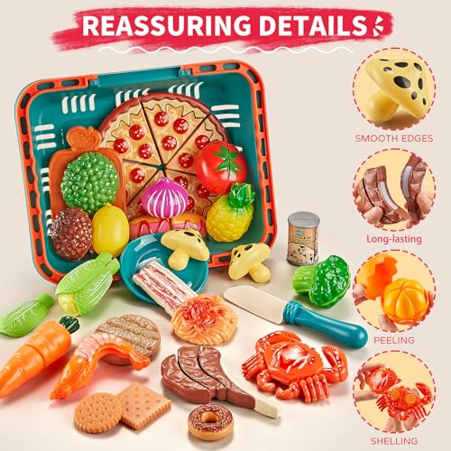 Comirth Spielen Sie Lebensmittel-Sets für Kinder Küche-80PC Pretend Lebensmittel mit 2 Kinder Picknick-Korb, Spielzeug Lebensmittel mit Pizza Spielzeug, Kunststoff Lebensmittel Schneiden Spielzeug