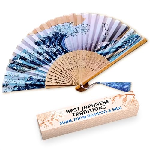 Silk Japanese Fan - Bamboo Handheld Folding Fan for Women Ocean Wave Retro Style Pattern 14.5x8.2 Vintage Fans Colorful Folding Fans Handheld for Dancing & Decorating Great as Elegant Gift for Women