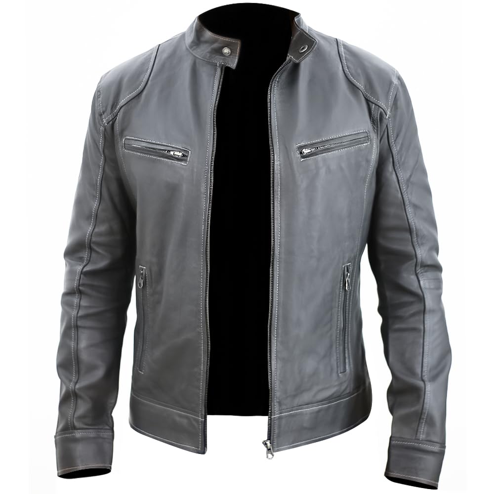 Rising Bloom Men's Grey Real Leather Jacket Biker Motorcycle Cafe Racer Vintage Retro Bomber Winter Black Genuine Leather Jacket (As8, Alpha, 3X_l, Regular, Regular, )