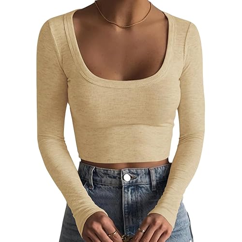 Artfish Women's Square Neck Long Sleeve Ribbed Slim Fitted Casual Basic Crop Top