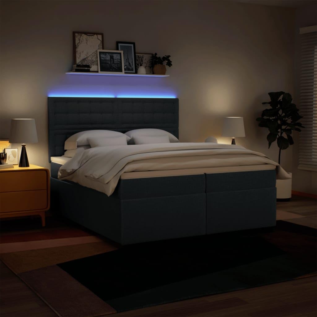 Cama con somier con colchón, azul, 200 x 200 cm, tela, cómoda cama tapizada con iluminación LED, cabecero regulable en altura y colchón de muelles ensacados para dormitorio
