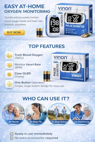 Image of VINOXY E V M Pulse Oximeter with LED Display, Oxygen Saturation Monitor, Heart Rate and SpO2 Levels Meter, Free Batteries Included