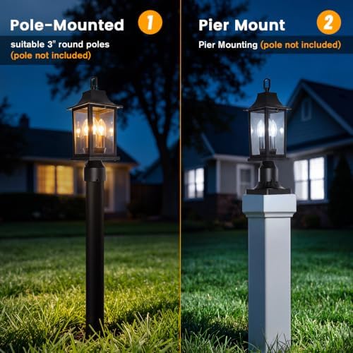 APONUO Outdoor Post Light with 5.5" Pier Base, 18" Dusk to Dawn Hardwired Cast Aluminum Post Lantern, 2 Mounting Ways for Pillar or 3" Pole, E12 Base 40W(Bulb Not Included) — view 2