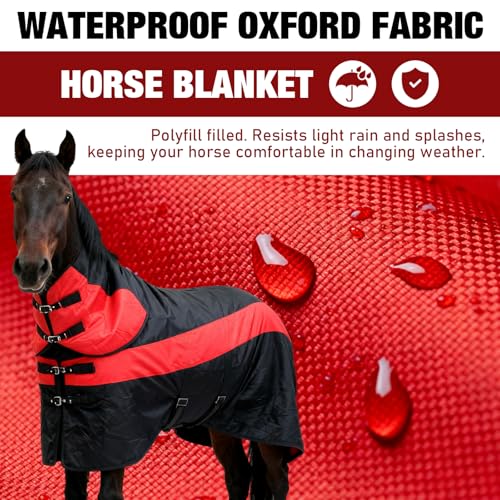 Horse Blankets Winter for Real Horses, 1600D Waterproof Poly Rain Sheets 72 in with Neck Cover Belly Wrap Tail Wrap Turnout Blanket, Stuff Care Medium Large Weight Heavy Outdoor Clothes Red Black - Image 5