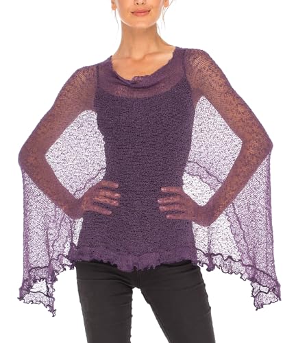 Image of SHU-SHI Women's Sheer Knit Poncho Shrug Lightweight Asymmetrical Ruffle Wrap Dressy Summer Shawl Cover Up Top