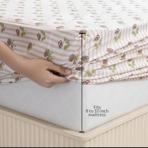 Image of HOMEMONDE Cotton Fitted Sheet Floral Printed Single Size Elastic Fitted Bedsheet with One Pillow Covers |186 TC | (72 X 36 Inches, Peach) | Perfect for Home Decor & Gifting