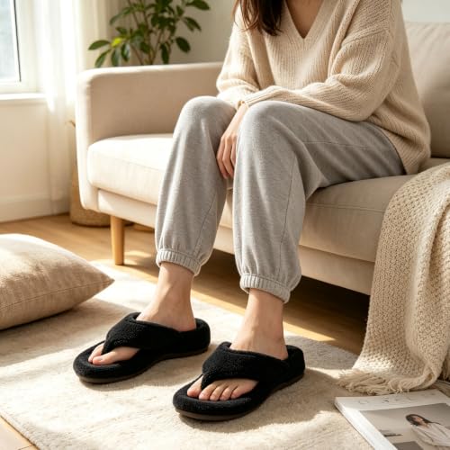Image of BCSTUDIO Women's Orthopedic Flip Flop Fuzzy Slippers with Arch Support | Plantar Fasciitis Spa Thong Orthotic Slippers for Women, Open Toe, Non-slip Sole, Machine Washable, Indoor Outdoor
