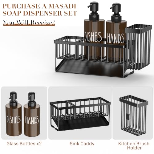 Image of MASADI Kitchen Dish Soap Dispenser Set with Sponge Holder, 12OZ Glass Bottle, Hand and Dish Soap Dispenser Set, Non-Slip Silicone Pad, Brush Holder, Kitchen Sink Organizer Countertop (Black+Amber)