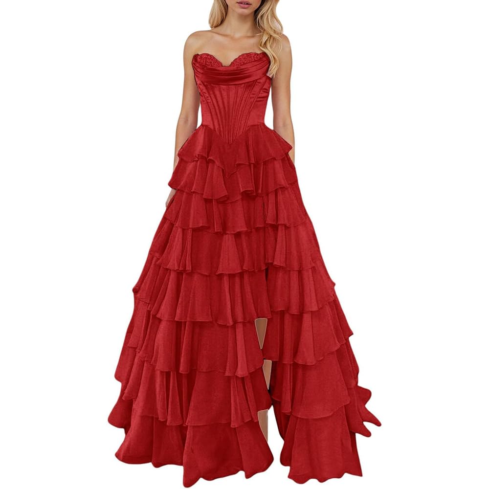 Womens Strapless Tiered Ruffle Ball Gown - Satin Formal Dress with Corset Bodice for Prom Evening Galas