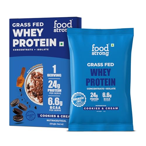 Image of Foodstrong Whey Protein Powder (Concentrate + Isolate), 100% Hormone Free Grass-Fed Whey, 24G Protein & 6.6G BCAA, Cookies & Cream, With Turmeric & Digestive Enzymes, 35G