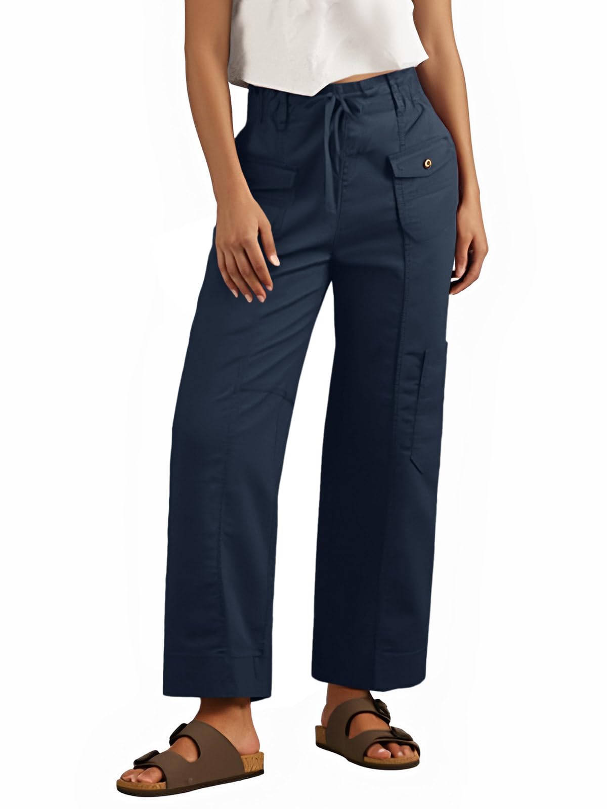 Fisoew Womens 100 Cotton Cargo Pants Drawstring Elastic Waist Casual Hiking Work Pants with Multiple Pockets