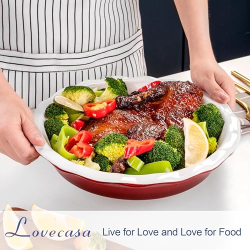 LOVECASA 10-Inch Ruffled Ceramic Pie Pan - Deep Baking Dish for Oven, Freezer, and Microwave, Red