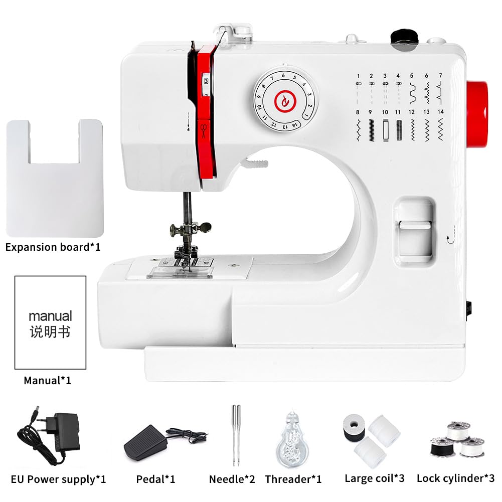 728 Macchina da Cucire Elettrica Portatile con 14 Punti di Cucitura, Mini Macchina da Cucire per Principianti e Bambini, per Tessuti, Adatta per Vestiti, Tende in Tessuto