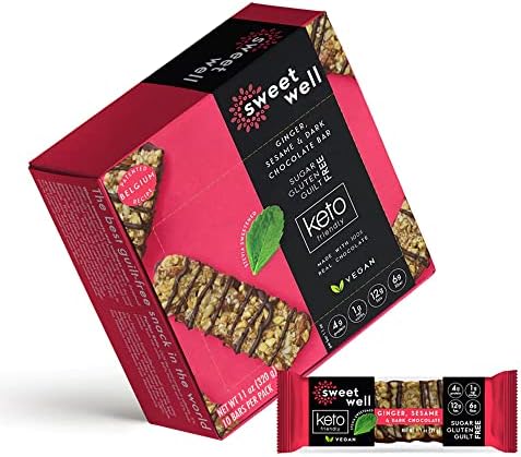 Ginger, Sesame, and Dark Chocolate Low Carb Keto Snack, Gluten-Free Snack Bars with Plant Based Stevia Sweetener, Sugar-Free Keto Chocolate Treat, Pack of 10 - Sweetwell