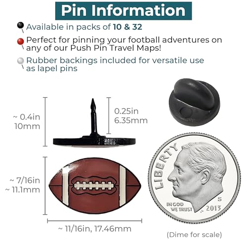 Image of Football Push Pins, for Cork Board, Maps, or Lapel Pin Use, Designed in The USA, Football Pins, Set of 32