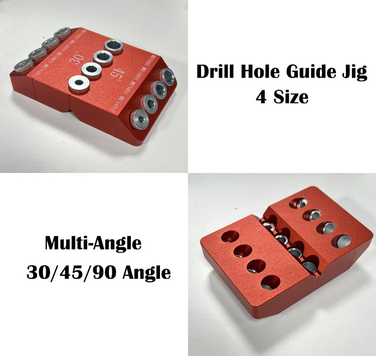 4 Sizes 30 45 90 Degree Angle Drill Guide Jig for Angled Hole and Straight Hole,Drill Block，Dowel Drill Guide，Stair Wire Handrail, Deck Cable Railing Lag Screw Drilling Template Block