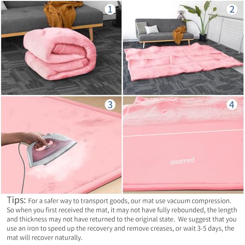 Image of Huloo Sleep Baby Play Mat for Floor,1.3 inch Thick Elasti-Foam 74x50 Playpen Mat for Toddlers Infant kids,Water-Repellent Soft Coral Velvet for Tummy Time, Non-Slip Backing for Crawling,Tatami Style(Pink)