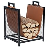 MyGift Modern Black Metal Firewood Stand Log Holder with Brown Leatherette Wood Sling, Wire Mesh Design and Top Carrying Handles, Compact Kindling Storage Rack