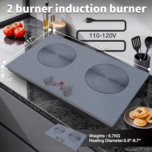 Image of GIHETKUT 2 burner Induction cooktop,110V 4000W induction hot plate with Brushed Panel,Knob Control,9 Power Levels, Kids Lock & Timer,LED touch control 2 burner induction cooker